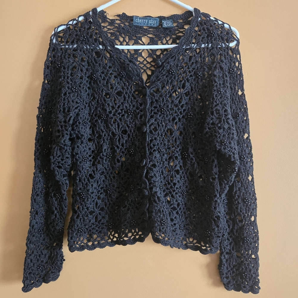 Cherry Stix Black Button Down Crochet Knit Cardigan PTP=17.5"